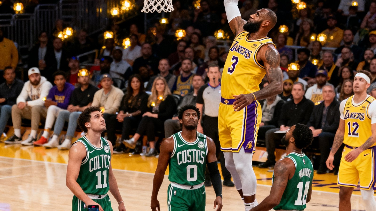 NBA总决赛第二场精彩回放缩略图，湖人队球员在篮下完成一记劲爆扣篮，凯尔特人防守球员表情无奈，场边观众举起手机记录这一刻，计分板定格在108比102。